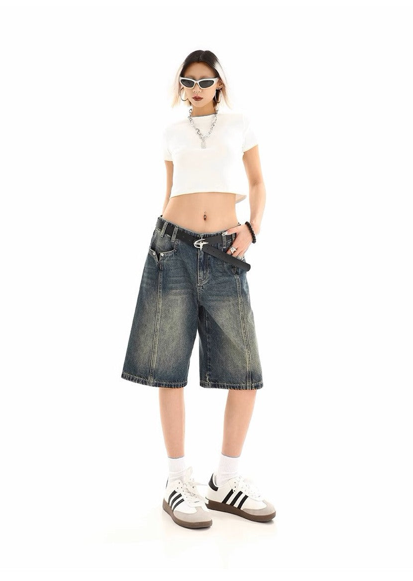 Retro Washed Five-Point Denim Shorts - Women