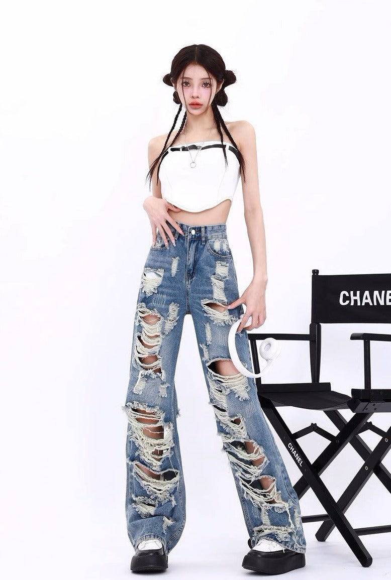 Retro Tattered Jeans - Women