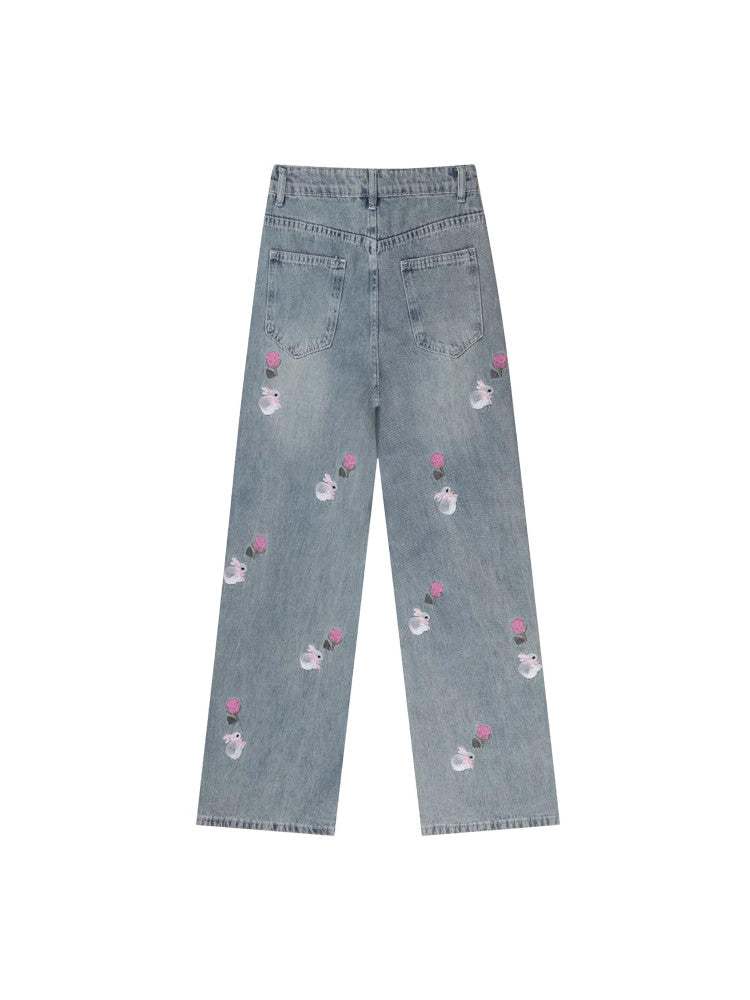 Rabbit Embroidery Jeans - Women