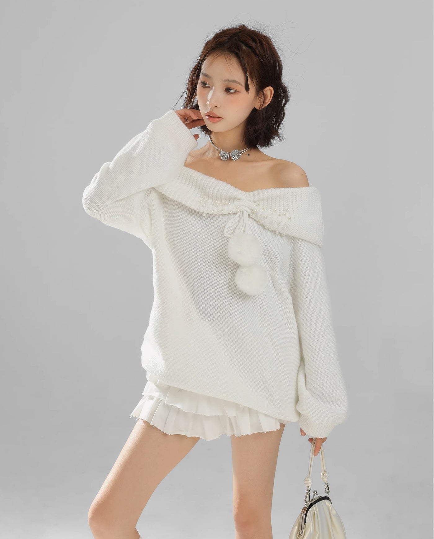 White Off-Shoulder Knitwear - Women