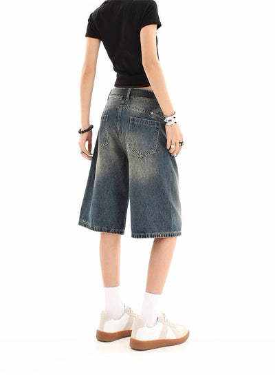 Retro Washed Five-Point Denim Shorts - Women