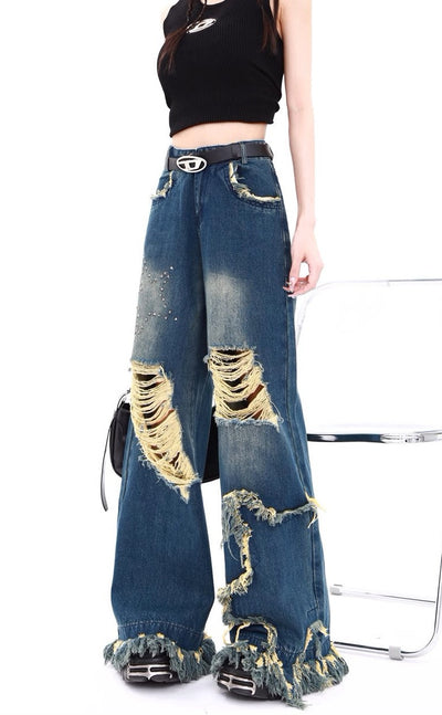 Ripped Tassel Retro Jeans - Women