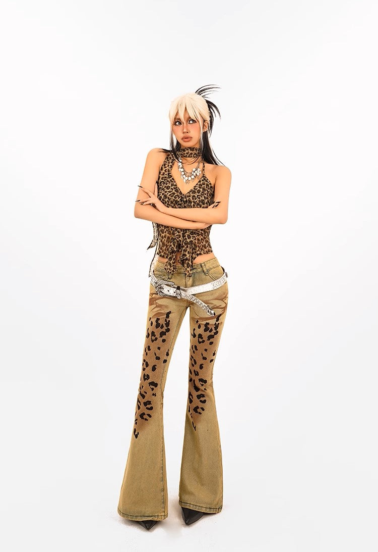 Retro Distressed Leopard Jeans - Women