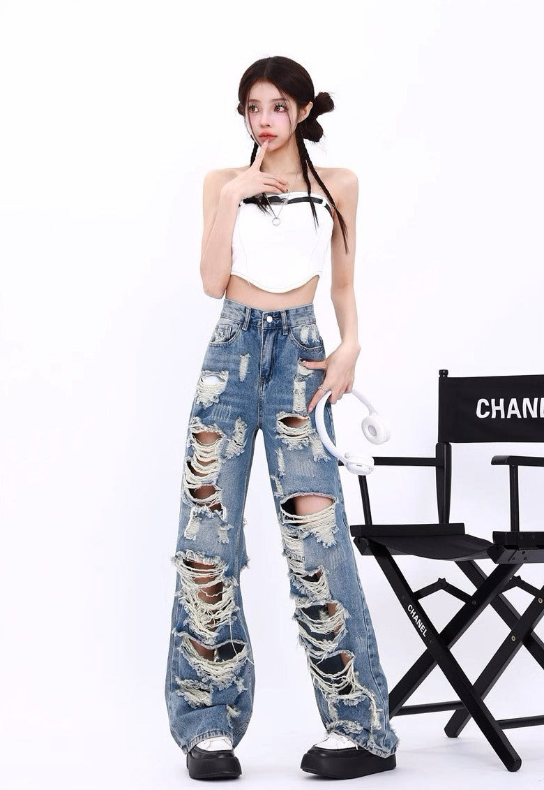 Retro Tattered Jeans - Women