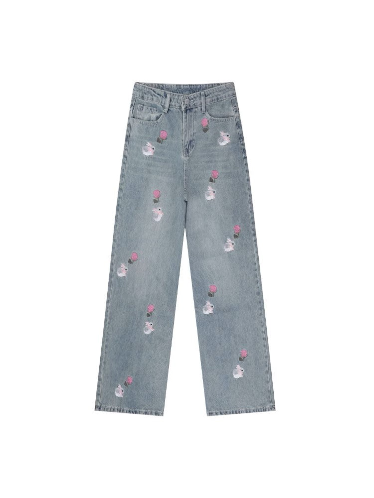 Rabbit Embroidery Jeans - Women