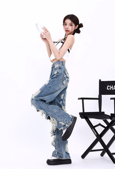 Retro Tattered Jeans - Women