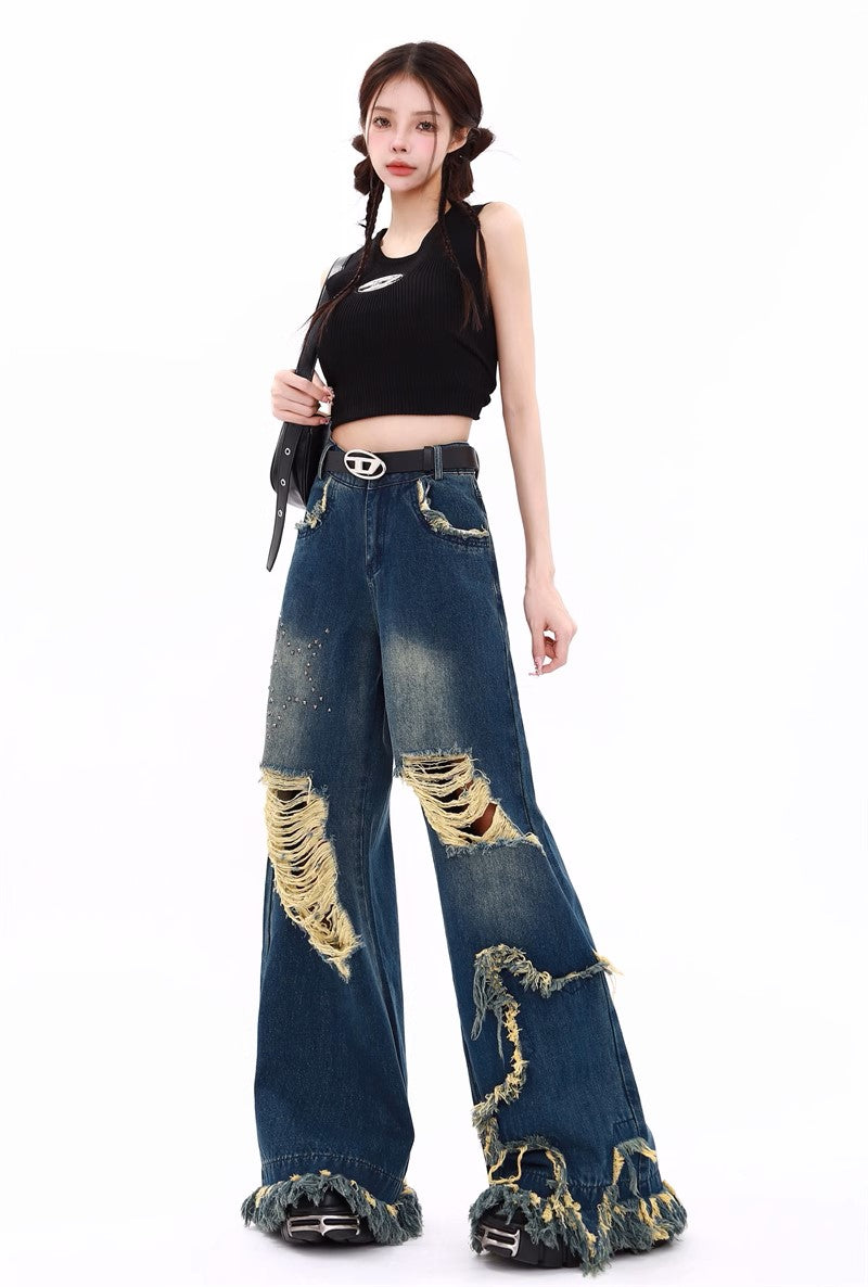 Ripped Tassel Retro Jeans - Women