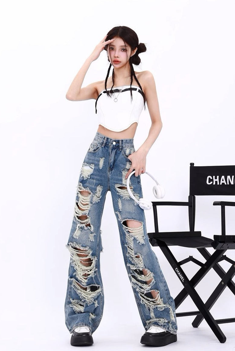 Retro Tattered Jeans - Women