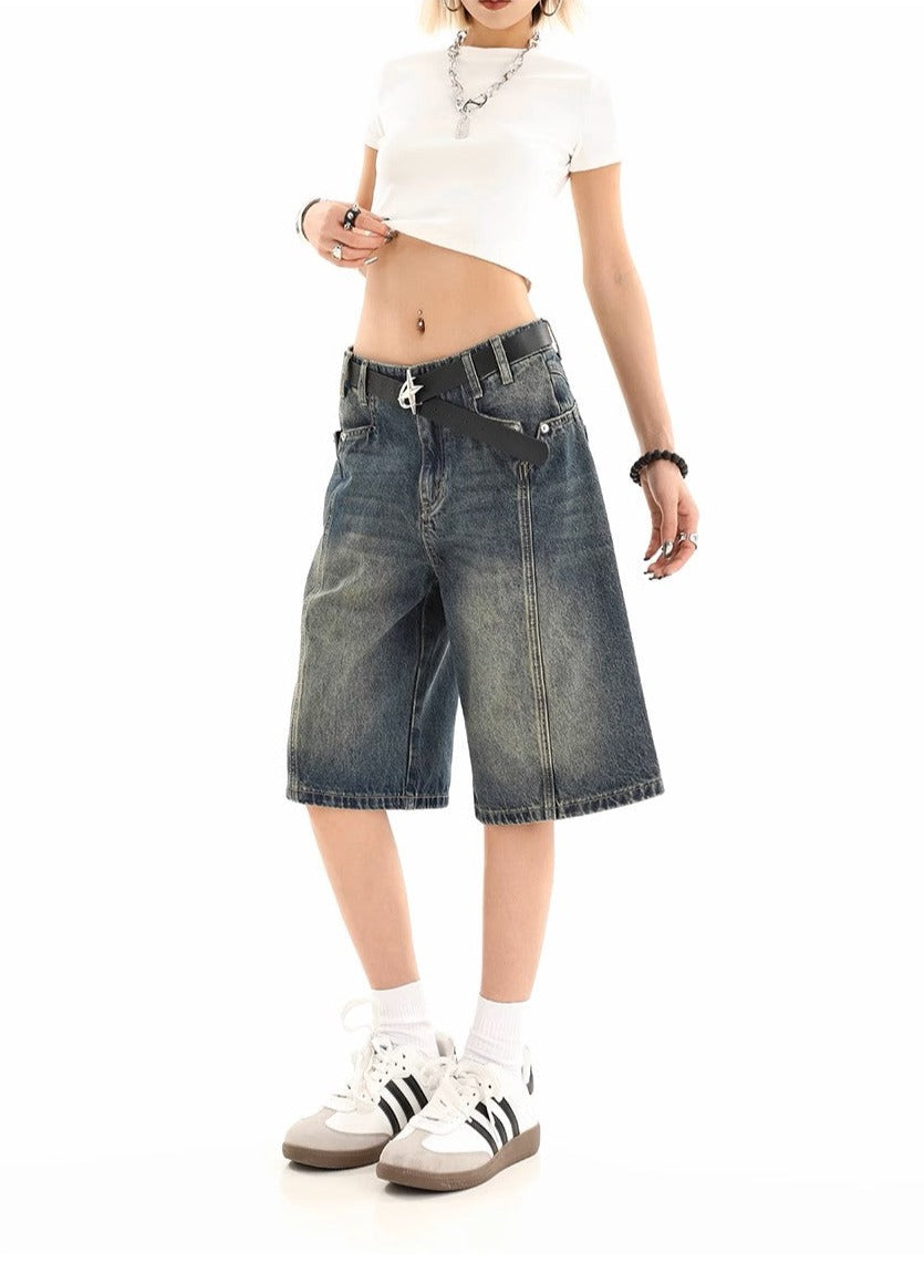 Retro Washed Five-Point Denim Shorts - Women