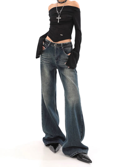 Wide Leg Low Waist Jeans - Women