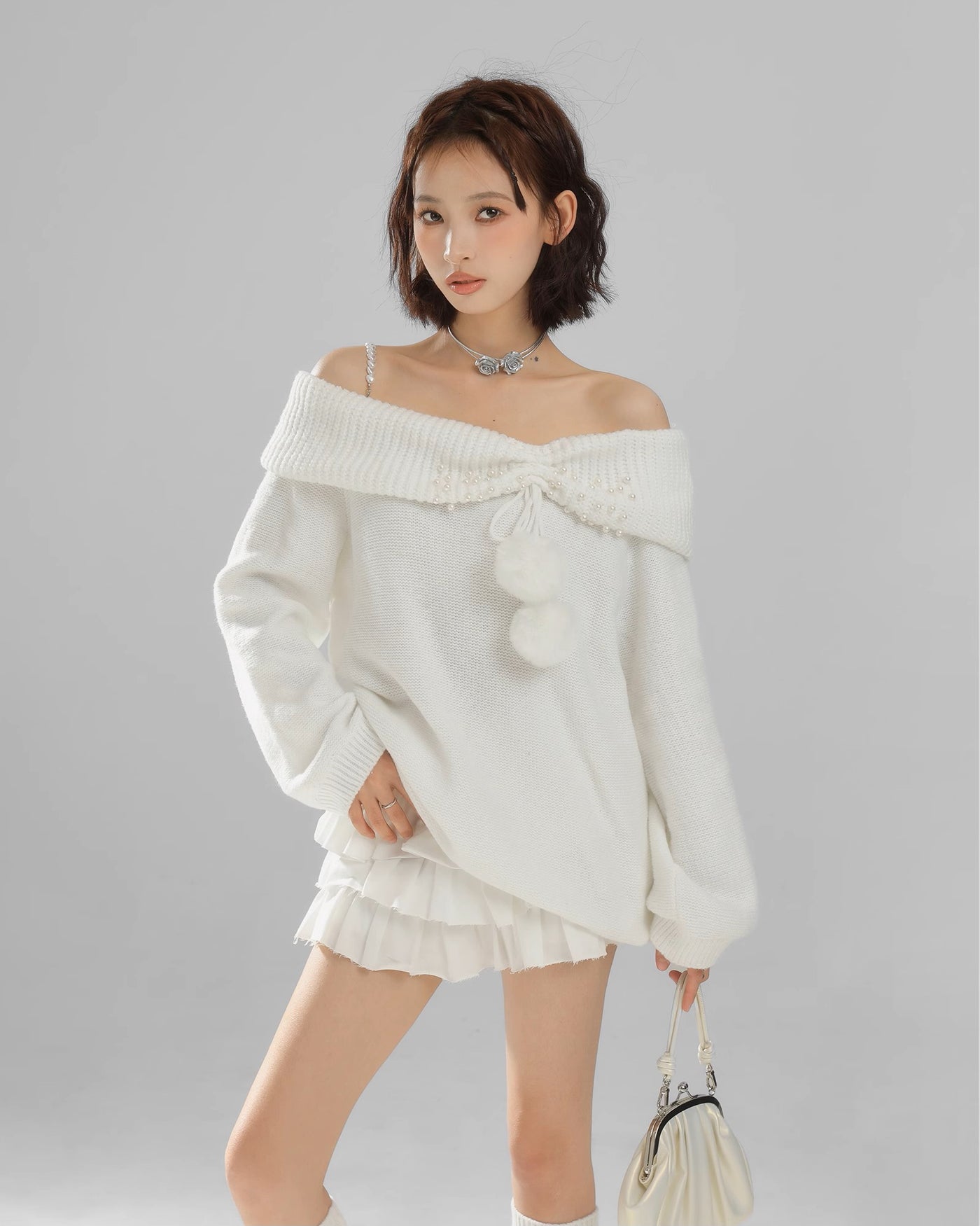 White Off-Shoulder Knitwear - Women