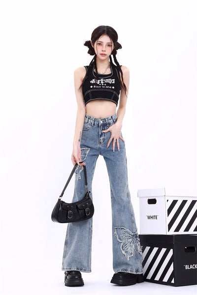 Retro Washed Distressed Butterfly Jeans - Women