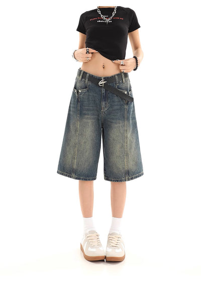 Retro Washed Five-Point Denim Shorts - Women