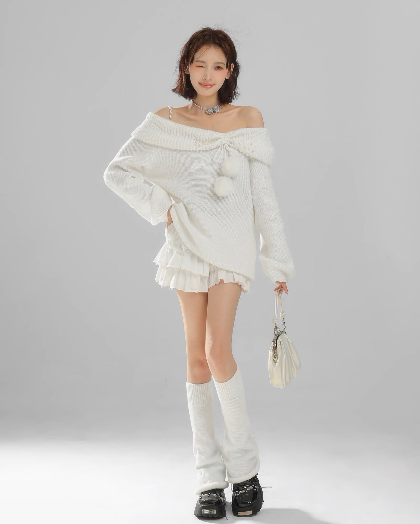 White Off-Shoulder Knitwear - Women